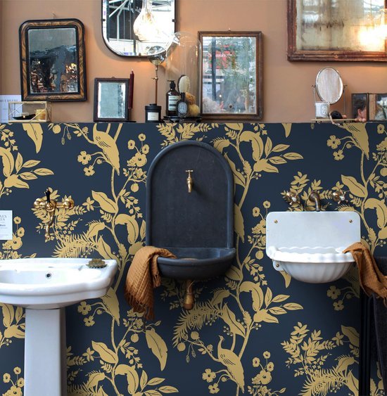 Unyqoos® Donkerblauw en Goud Zelfklevend Behang met Vogel- en Bloemenpatroon 44 cm x 3 m