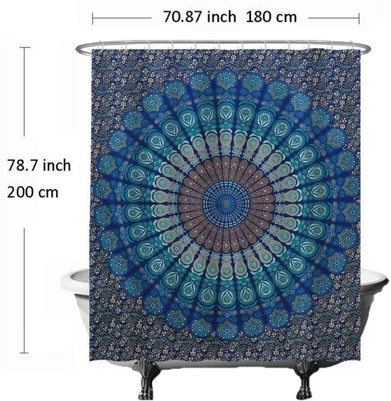 Unyqoos® Verfrissend Mandala Douchegordijn in Blauw - Waterafstotend en Schimmelwerend Met 12 Ringen
