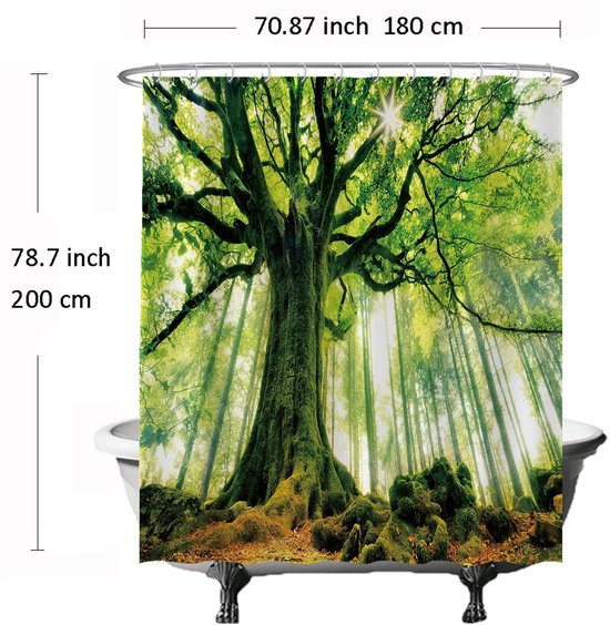 Unyqoos® Verfrissend Douchegordijn met Natuurprint, Anti-Schimmel en Waterafstotend, 180 x 200 cm, Inclusief 12 Ringen