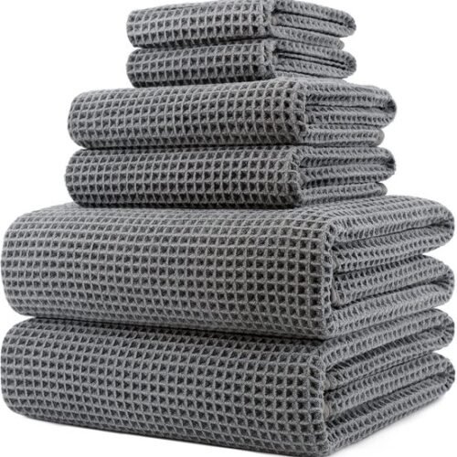550x564-45.jpg Unyqoos® Zeer Grote Sneldrogende Microvezel Handdoekenset met Wafelstructuur - Grijs - 6-delig