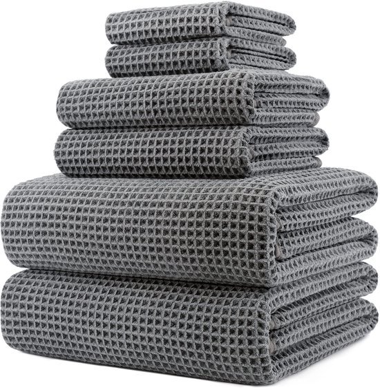 Unyqoos® Zeer Grote Sneldrogende Microvezel Handdoekenset met Wafelstructuur - Grijs - 6-delig