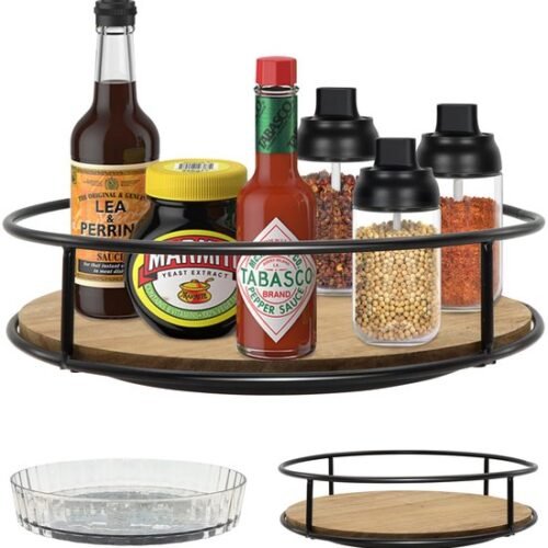 Unyqoos® Set van twee houten en transparante draaiplateaus voor keuken en opslag