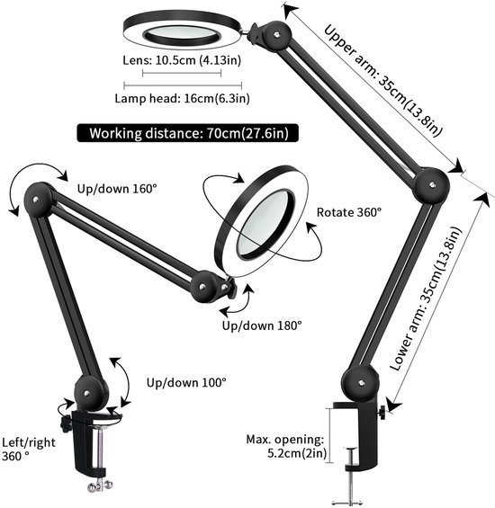 Unyqoos® Dimbare LED Vergrootlamp met Glazen Lens en Flexibele Arm voor Precisiewerk