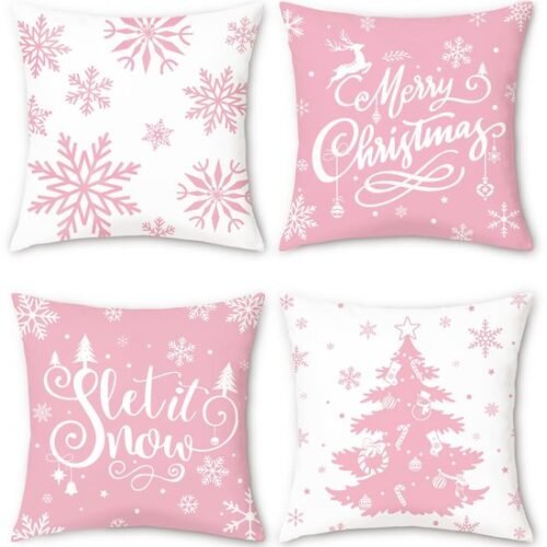 Unyqoos® Set van vier feestelijke roze kussenhoezen met winterse prints voor huisdecoratie