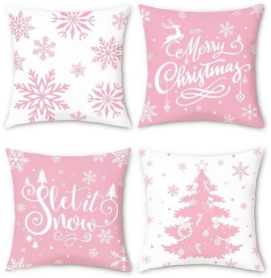 Unyqoos® Set van vier feestelijke roze kussenhoezen met winterse prints voor huisdecoratie