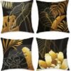 Unyqoos® Set van 4 decoratieve linnen kussenslopen met goudkleurig bloemenpatroon
