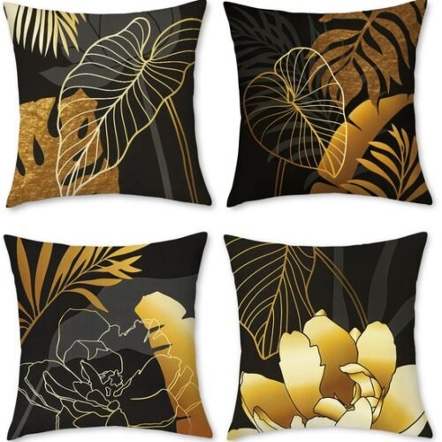 Unyqoos® Set van 4 decoratieve linnen kussenslopen met goudkleurig bloemenpatroon