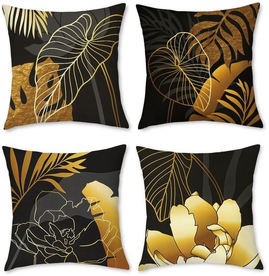 Unyqoos® Set van 4 decoratieve linnen kussenslopen met goudkleurig bloemenpatroon