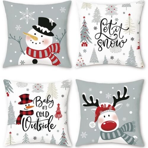 Unyqoos® Set van 4 winterse kussenhoezen met sneeuwman en rendier motief