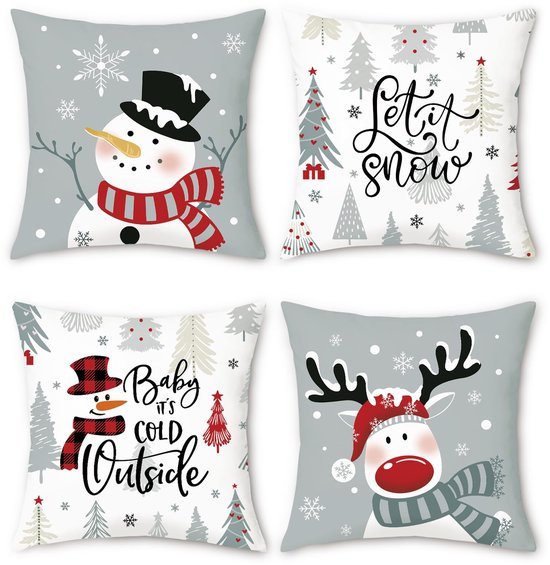 Unyqoos® Set van 4 winterse kussenhoezen met sneeuwman en rendier motief