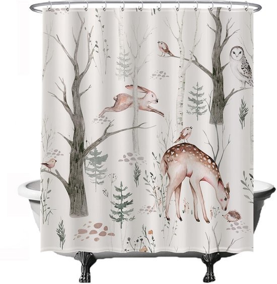 Unyqoos® Stijlvol Natuurthema Douchegordijn met Vrolijke Dierenprint - 180 x 200 cm - Inclusief 12 Ringen