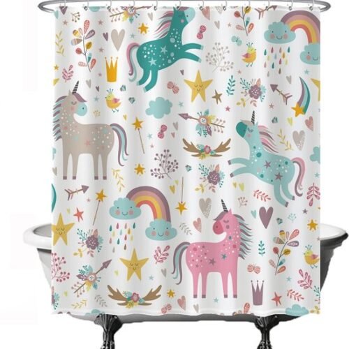 Unyqoos® Betoverend Douchegordijn met Eenhoorn, Wolken en Regenboog voor een Magische Badkamerervaring