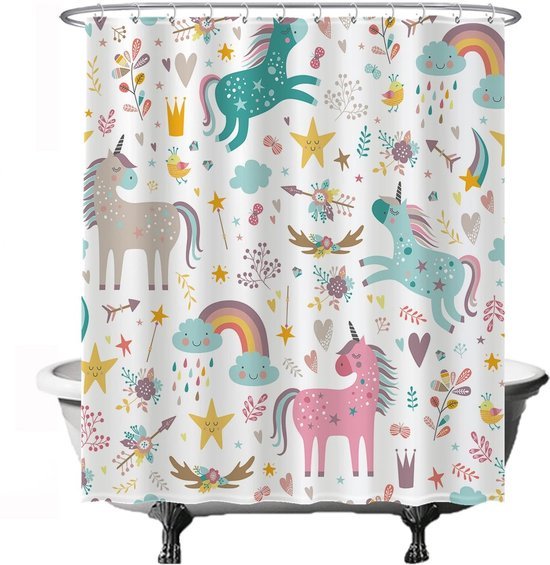 Unyqoos® Betoverend Douchegordijn met Eenhoorn, Wolken en Regenboog voor een Magische Badkamerervaring