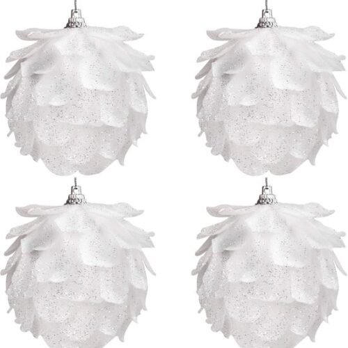 Unyqoos ® Kerstboomversiering dennenappels (4 stuks) - glitterdennenappels - kerstdecoratie zilver met draad - kerstboomversiering wit - kerstboomversiering, wit