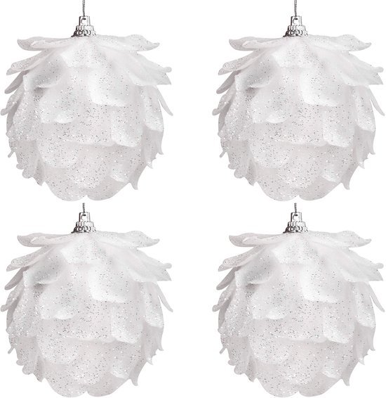 Unyqoos ® Kerstboomversiering dennenappels (4 stuks) - glitterdennenappels - kerstdecoratie zilver met draad - kerstboomversiering wit - kerstboomversiering, wit