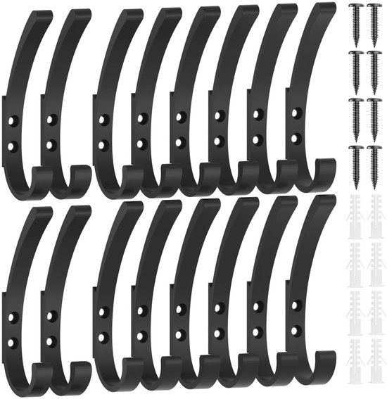 Unyqoos® Zwarte Dubbele Wandhaken Set van 16 Stuks voor Diverse Toepassingen in Huis