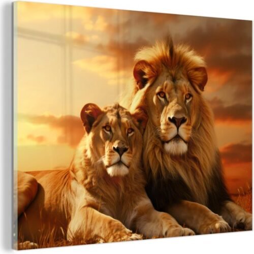 Unyqoos® Moderne wanddecoratie op glas met leeuw in Afrikaanse savanne