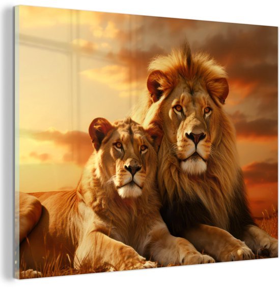 Unyqoos® Moderne wanddecoratie op glas met leeuw in Afrikaanse savanne