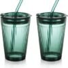 450 ml Groene Drinkbeker met Deksel en Rietje - Set van 2 Glazen Smoothiebekers met Rietje - Koffiebeker met Rietje voor Sap, Koffie, Water, Thee