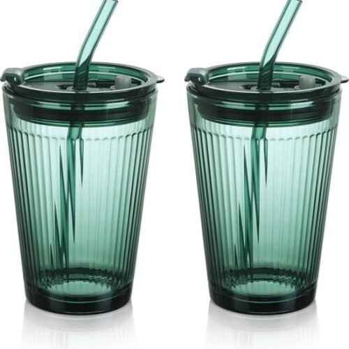 450 ml Groene Drinkbeker met Deksel en Rietje - Set van 2 Glazen Smoothiebekers met Rietje - Koffiebeker met Rietje voor Sap, Koffie, Water, Thee
