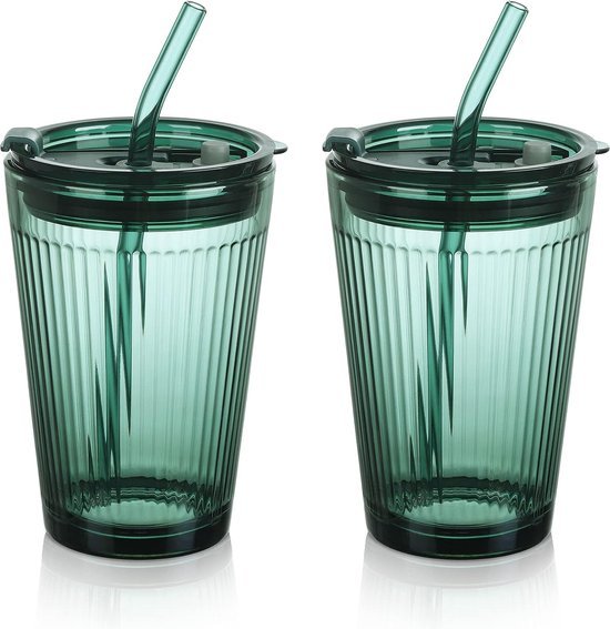 450 ml Groene Drinkbeker met Deksel en Rietje - Set van 2 Glazen Smoothiebekers met Rietje - Koffiebeker met Rietje voor Sap, Koffie, Water, Thee