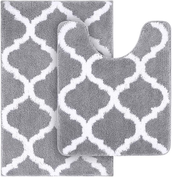 Unyqoos® Zachte en Luxe Hoogpolige Antislip Badmatset voor Badkamer en Toilet, Twee Stuks, Grijs