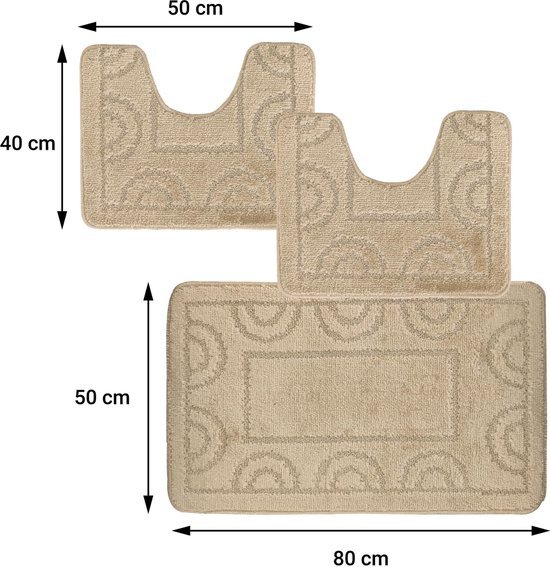 Unyqoos® Badekamer Tapijtset - Drie Stuks - Rektangulaire Mat 50x80 cm en Twee WC Matten 50x40 cm - Antislip en Snel Droog - Beige