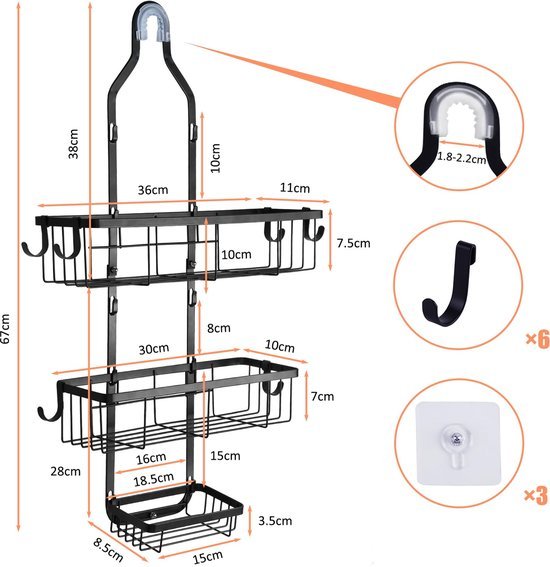 Unyqoos® 3-laags Hangende Doucheplank zonder Boren met Zeepbakje en 6 Haken voor Badkameropslag