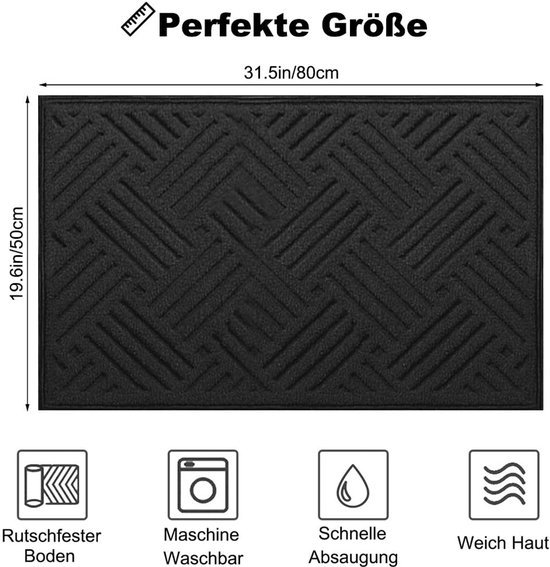 Unyqoos® Wasbare antislip deurmat voor binnen en buiten met vuilvangende functie, zwart, 50*80 cm