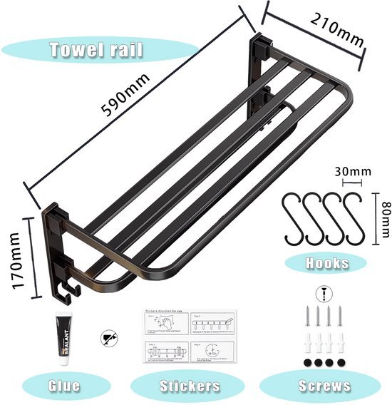 Unyqoos ® Handdoekenrek met Zelfklevende en Booropties, Zwart, 90° Inklapbare Wandmontage met 4 Haken, 60 cm Lengte