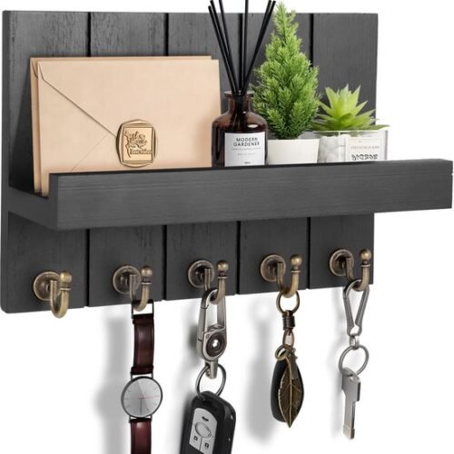 Unyqoos® Decoratieve houten wandplank met sleutelrek en opbergruimte voor elke kamer