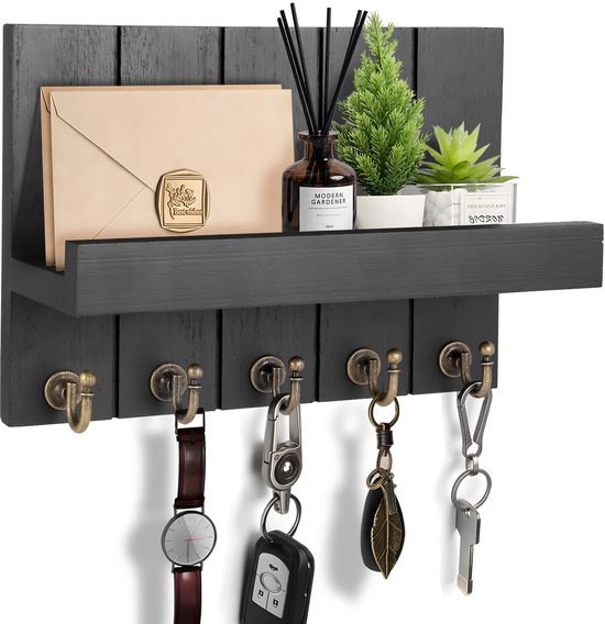 Unyqoos® Decoratieve houten wandplank met sleutelrek en opbergruimte voor elke kamer
