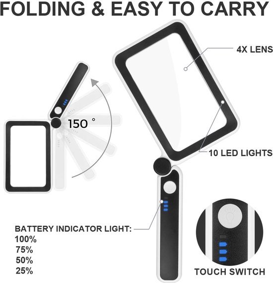Unyqoos® Draagbare leesloep met LED-verlichting en verstelbare helderheid voor comfort