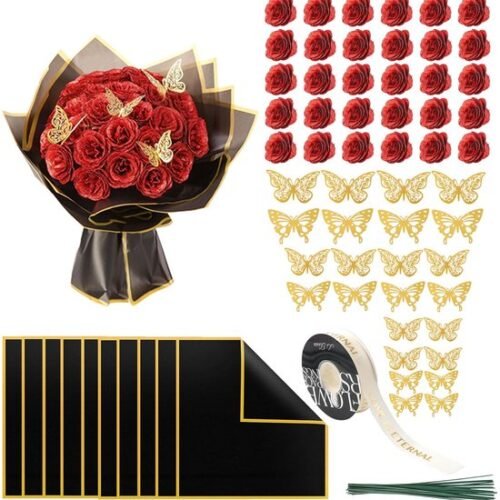 Unyqoos® Prachtig Boeket van Rode Kunstrozen met Glitters en Vlinderdecoratie