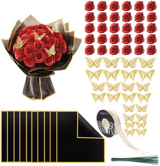 Unyqoos® Prachtig Boeket van Rode Kunstrozen met Glitters en Vlinderdecoratie