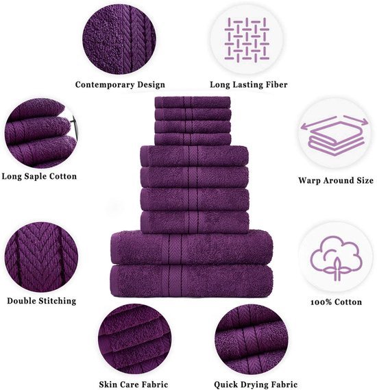 Unyqoos ® Set van Luxe 10-Delige Familiehanddoeken in Diep Paars, Gemaakt van Hoogwaardig Egyptisch Katoen