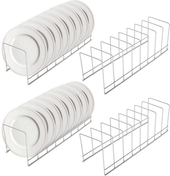 Unyqoos® Bordenhouder Set van 4 met 8 Sleuven voor Borden, Deksel, en Bakplaten - Roestvrijstalen Organizer