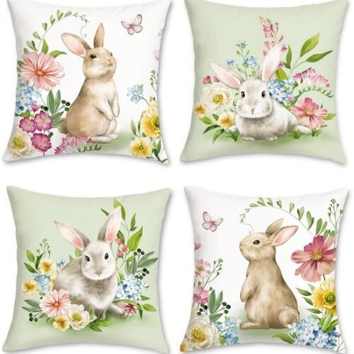 Unyqoos ® Verfrissende Set van 4 Lentethema Kussenhoezen met Konijnen en Bloemen voor Uw Interieur