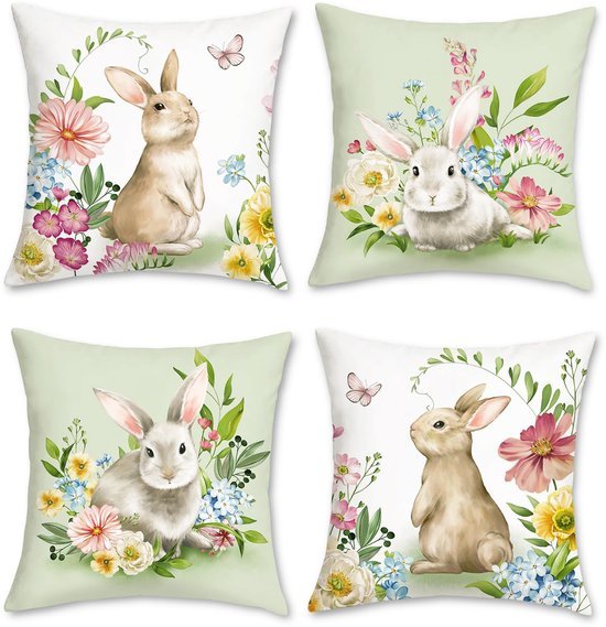 550x569-41.jpg Unyqoos ® Verfrissende Set van 4 Lentethema Kussenhoezen met Konijnen en Bloemen voor Uw Interieur