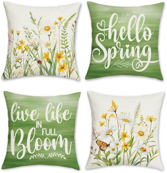 Unyqoos ® Set van 4 Decoratieve Kussenhoezen met Lente Bloemenmotief voor Binnen en Buiten 45 x 45 cm