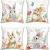 Unyqoos ® Set van 4 Decoratieve Kussenslopen met Lente Haas en Bloemenmotief voor Thuisdecoratie
