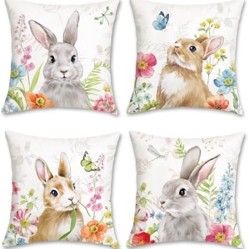 550x569-44.jpg Unyqoos ® Set van 4 Decoratieve Kussenslopen met Lente Haas en Bloemenmotief voor Thuisdecoratie