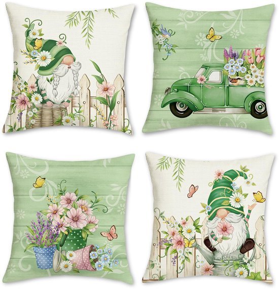 Unyqoos ® Set van 4 Decoratieve Kussenslopen met Lente Thema voor Bank en Tuin, 45 x 45 cm