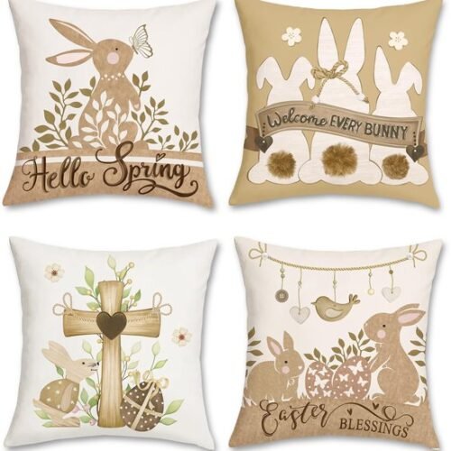 550x569-47.jpg Unyqoos ® Set van 4 Decoratieve Kussenhoezen met Lente Thema en Haasmotief voor Woondecoratie