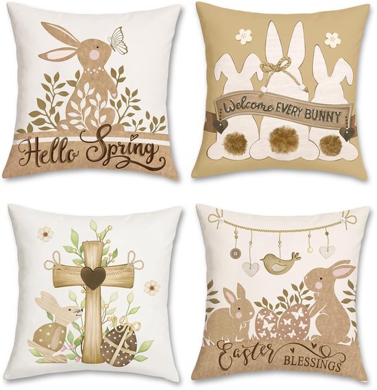 Unyqoos ® Set van 4 Decoratieve Kussenhoezen met Lente Thema en Haasmotief voor Woondecoratie