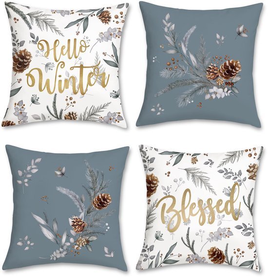 550x569-49.jpg Unyqoos® Set van 4 zachte fluwelen kussenslopen met winterse dennenappels en bladeren