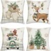 Unyqoos® Set van 4 decoratieve winterkussenslopen met rendier en sneeuwvlokken ontwerp