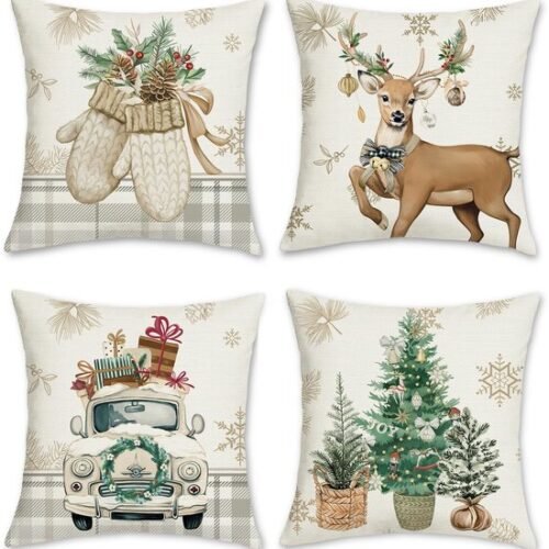 Unyqoos® Set van 4 decoratieve winterkussenslopen met rendier en sneeuwvlokken ontwerp