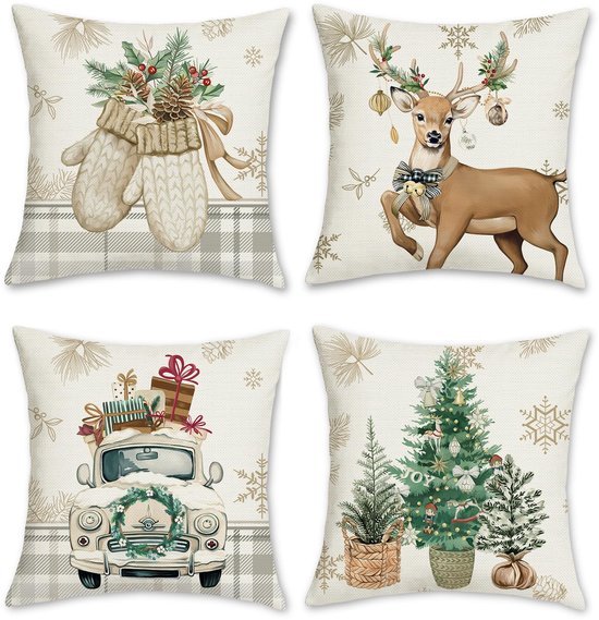 Unyqoos® Set van 4 decoratieve winterkussenslopen met rendier en sneeuwvlokken ontwerp