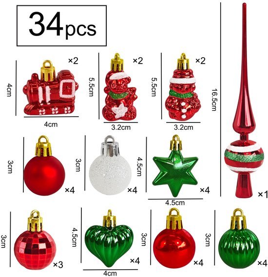 Unyqoos® Set van 34 onbreekbare kerstballen en piek voor sfeervolle decoratie